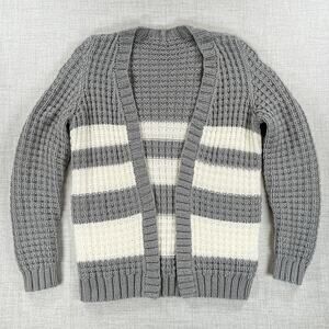 Open Front Chunky Knit Striped Cardigan Med to Sm Gray White Grunge Grandpa